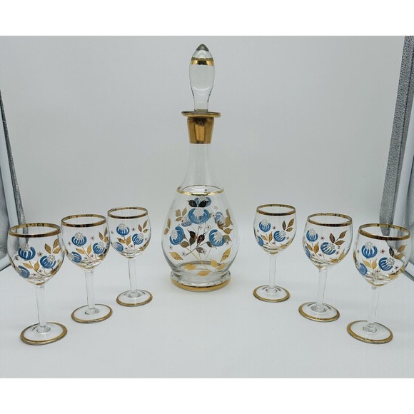 VTG Glass Decanter Carafe; 6 Cordials Hand Painted From Romania Blue Gold Guild
